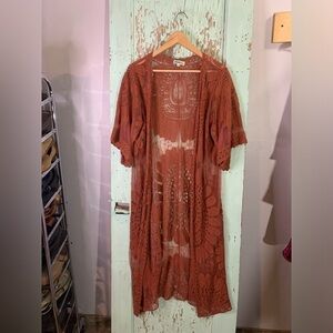 Women’s rebellion sheer lace&floral maxi length flutter sleeve kimono duster